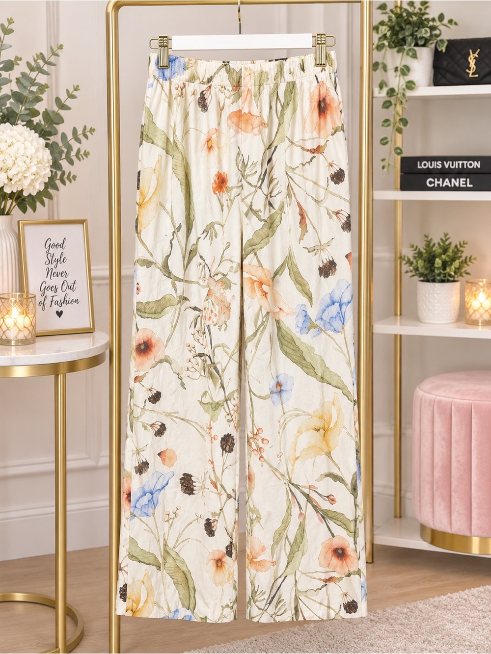 NWOT H&M Cream Floral Wide-Leg Lounge Pants with Pastel Blooms